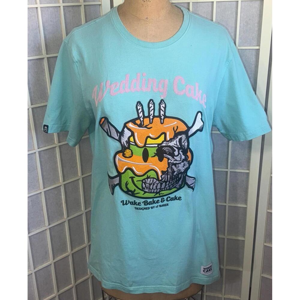 Wedding Cake Embroidered Patches "Wake & Bake Cake" T Shirt Men Size Large